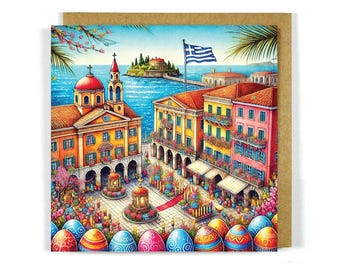 Pâques grecque scène de Corfou - Pâques dans les îles grecques carte de voeux - cartes de Pâques grecques