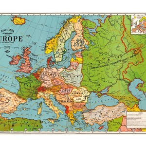 Cavallini Europe Map colorful Poster in Vintage style.