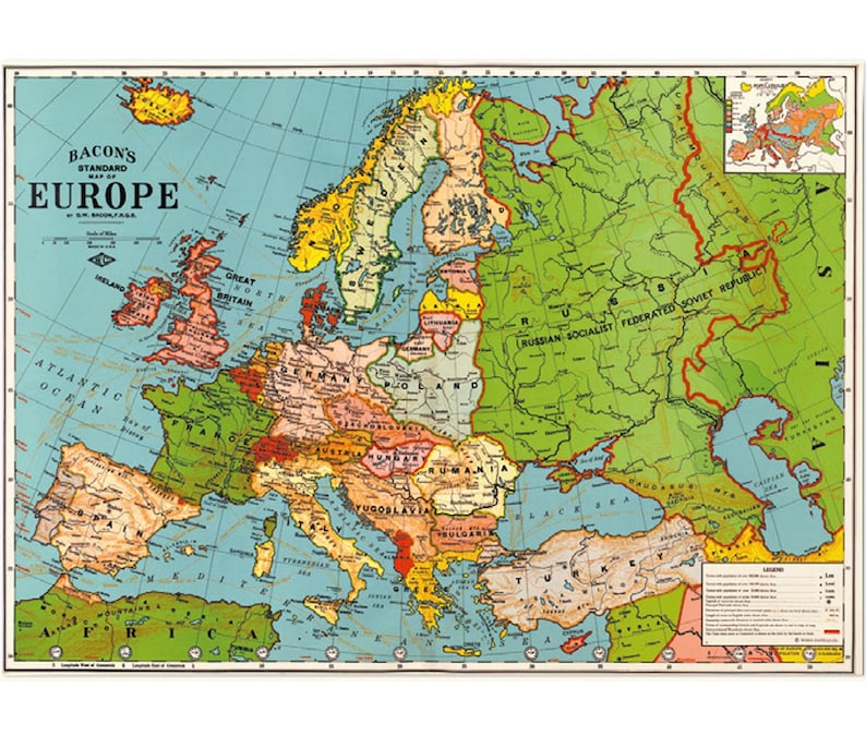 Cavallini Europe Map colorful Poster in Vintage style.