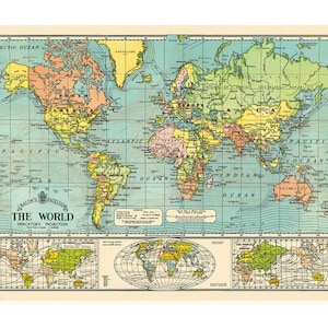 Cavallini World Map 6 colorful Poster in Vintage style.