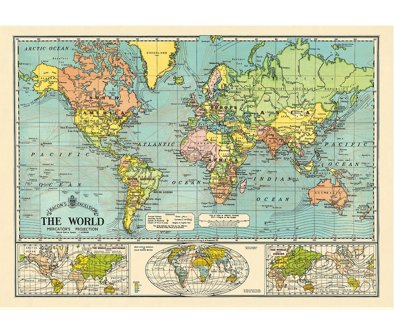 Cavallini World Map 6 colorful Poster in Vintage style.