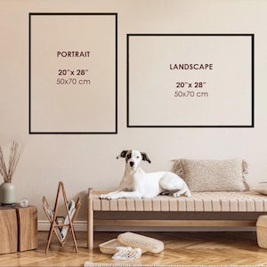 Cavallini 50x70cm size sample on a living room wall shown in portrait and landscape