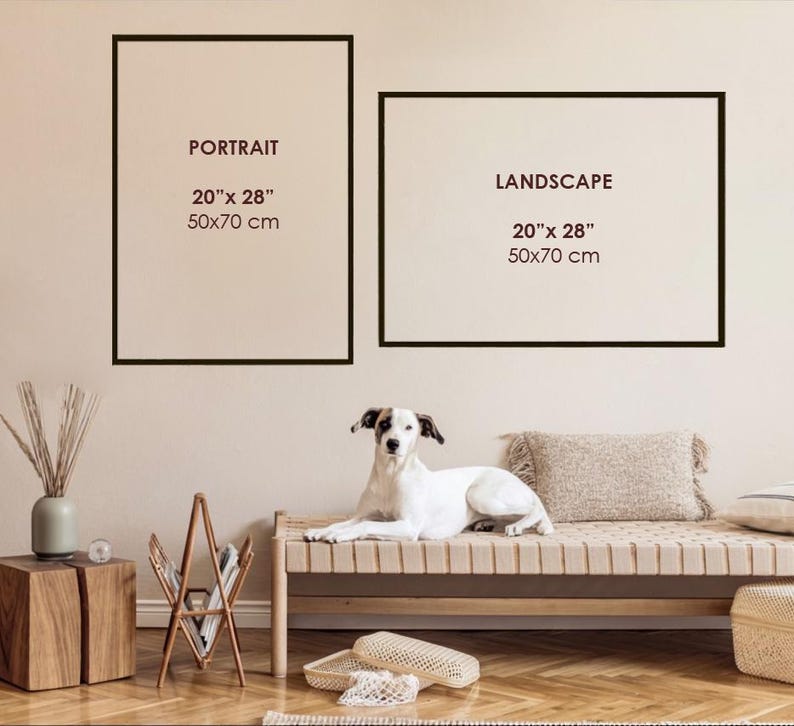 Cavallini 50x70cm size sample on a living room wall shown in portrait and landscape
