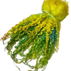 May include: A bundle of green and yellow curly yarn. The yarn is a blend of colors, with shades of green and yellow.