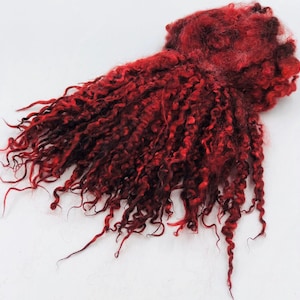 May include: A large bundle of red curly wool roving. The wool is soft and fluffy, and it is perfect for spinning or felting.