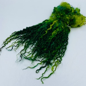 Op de afbeelding: Een bundel groene en gele gekrulde wolroving. De roving is een mix van groene en gele tinten, met wat witte accenten.
