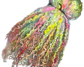May include: A skein of colorful, curly yarn in shades of green, yellow, pink, and red. The yarn is arranged in a loose bundle, with the ends of the strands flowing out.