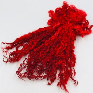 May include: A bunch of bright red curly wool fibre. The wool is soft and fluffy, and it would be perfect for spinning or felting.