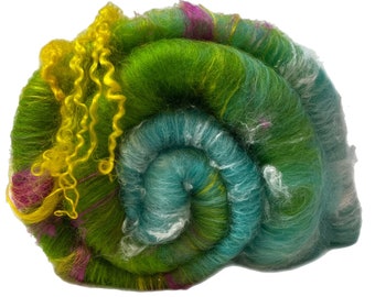 Hand Carded “Spring Awakening” Merino, Corriedale, Silk, Bamboo & Masham Art Batt, 100g