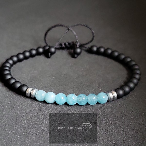 Aquamarine & Black Onyx Minimalist Bracelet, Macrame Bracelet, Gift for Her, Gift for Him, Mens and Womens Bracelet, Gift for Men and Women