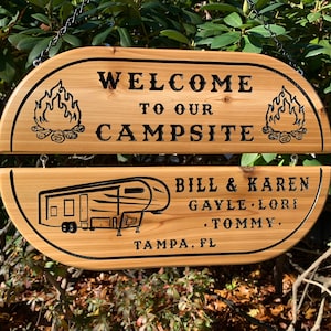 Custom Cedar Camping Signs Camp Sign Campsite Sign RV Sign Campsite Decor Personalizable Family Name Sign Outdoor Sign Glamping Sign