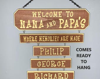 Handmade Barnwood Style Grandkids Name Sign Best Gift for Grandparents Engraved Grandchild Customizable Rustic Name Sign For Nana & Papa