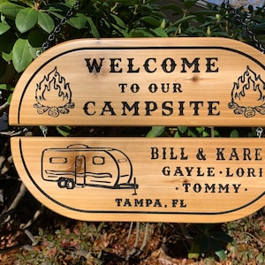 Custom Cedar Camping Sign Camp Sign Campsite Sign RV Sign Campsite Decor Personalizable Family Name Sign Outdoor Sign Glamping Sign