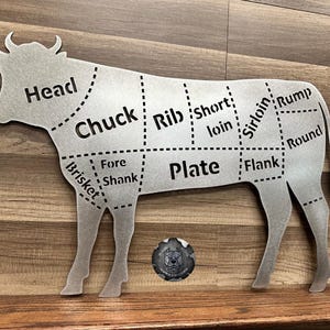 Beef Cuts Butcher Diagram - Bad Dog Metalworks Home Decor - Farmhouse Decor - Farmhouse Kitchen - Country Kitchen Cow - Beef Butcher Chart