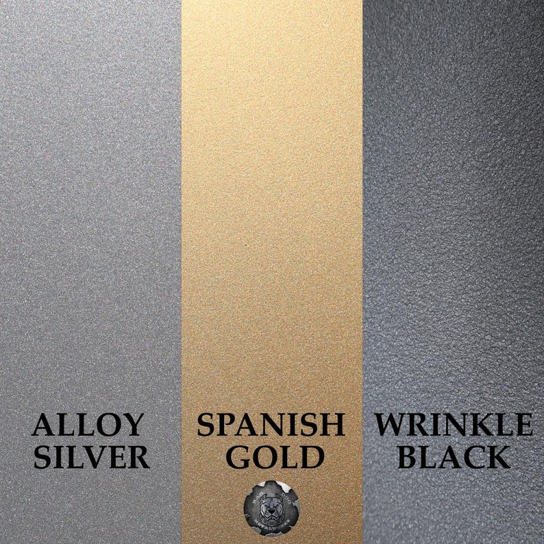 May include: Three swatches of paint showing different finishes: alloy silver, Spanish gold, and wrinkle black.