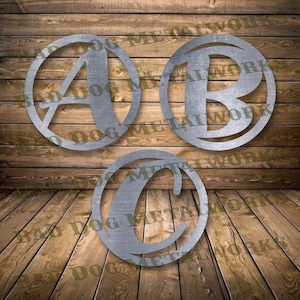 May include: Three metal circles with the letters A, B, and C cut out in a stylized font. The circles are on a wood background.