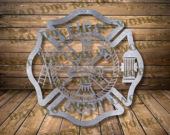 May include: A metal fire department emblem with a crossed axe and hose, a fireman's helmet, and the words "Fire Dept." in a circle. The emblem is in the shape of a Maltese cross.
