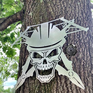 Lineman Skull Man Cave Decor - Bad Dog Metalworks Home Decor - Gifts for Him - Lineman Appreciation - Lineman Gifts - Lineman Wall Decor Bare Metal