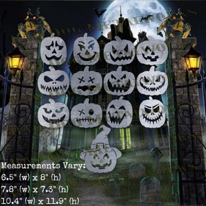 Puede incluir: Doce plantillas de metal de diferentes caras de calabaza con diferentes expresiones. Las plantillas están dispuestas en una cuadrícula. Las plantillas miden 6,5 pulgadas de ancho por 8 pulgadas de alto, 7,8 pulgadas de ancho por 7,3 pulgadas de alto y 10,4 pulgadas de ancho por 11,9 pulgadas de alto. El texto "Measurements Vary:" está en la parte inferior de la imagen.