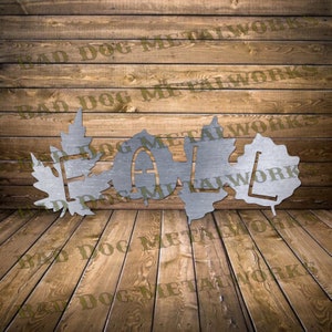 May include: Metal wall art featuring the word "FALL" in stylized letters, surrounded by leaf shapes. The letters are silver and the leaves are a darker gray.