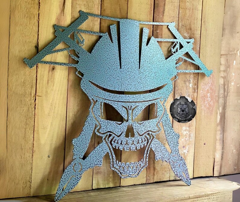 Lineman Skull Man Cave Decor - Bad Dog Metalworks Home Decor - Gifts for Him - Lineman Appreciation - Lineman Gifts - Lineman Wall Decor Silver Vein