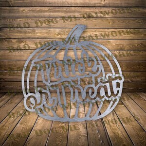 May include: Metal pumpkin cutout with the words "Trick or Treat" in a stylized font. The pumpkin is a light silver color and has a rustic wood background.
