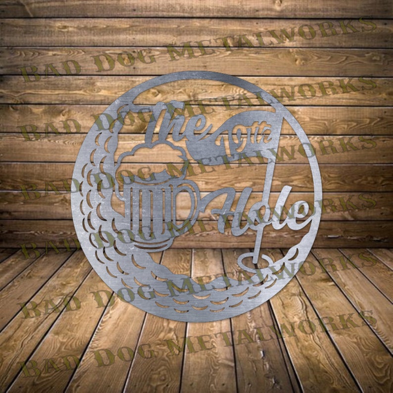 May include: A metal sign with a golf ball design and the text "The 19th Hole" with a beer mug in the center.