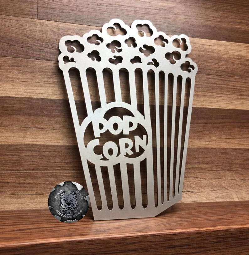 Retro Movie Theater Popcorn Metal Sign - Bad Dog Metalworks Home Decor - Movie Theater Decor - Theater Sign - Concessions - Snack Bar Sign Alloy Silver