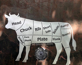 Beef Cuts Butcher Diagram - Bad Dog Metalworks Home Decor - Farmhouse Decor - Farmhouse Kitchen - Country Kitchen Cow - Beef Butcher Chart