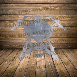 May include: A metal skull with crossed axes, a hat, and the text "Bad Dog Metalworks" repeated multiple times.