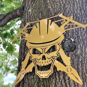 Lineman Skull Man Cave Decor - Bad Dog Metalworks Home Decor - Gifts for Him - Lineman Appreciation - Lineman Gifts - Lineman Wall Decor Spanish Gold