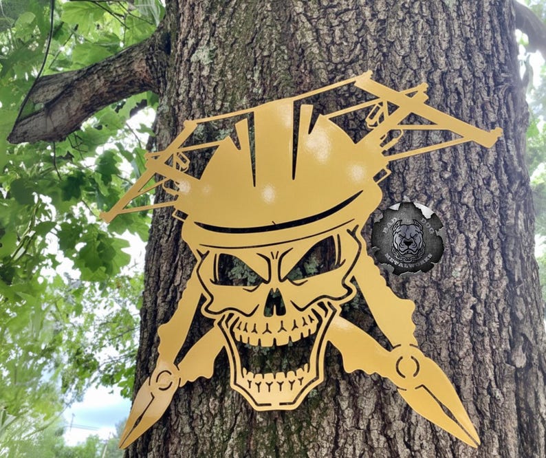Lineman Skull Man Cave Decor - Bad Dog Metalworks Home Decor - Gifts for Him - Lineman Appreciation - Lineman Gifts - Lineman Wall Decor Spanish Gold