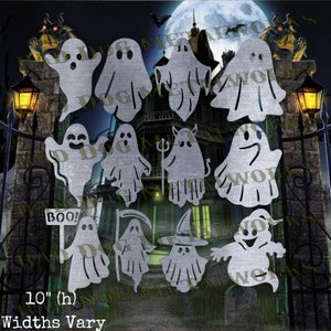 May include: A set of 13 metal ghost cutouts in various poses, including a ghost holding a scythe, a ghost wearing a witch's hat, and a ghost holding a sign that says "BOO!" The cutouts are 10 inches tall and vary in width.