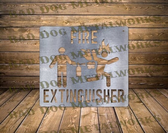 May include: Metal sign featuring a silhouette of a person extinguishing a fire with a fire extinguisher. The sign reads "Fire Extinguisher".