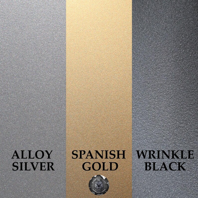 May include: Three swatches of paint showing different finishes: alloy silver, Spanish gold, and wrinkle black.