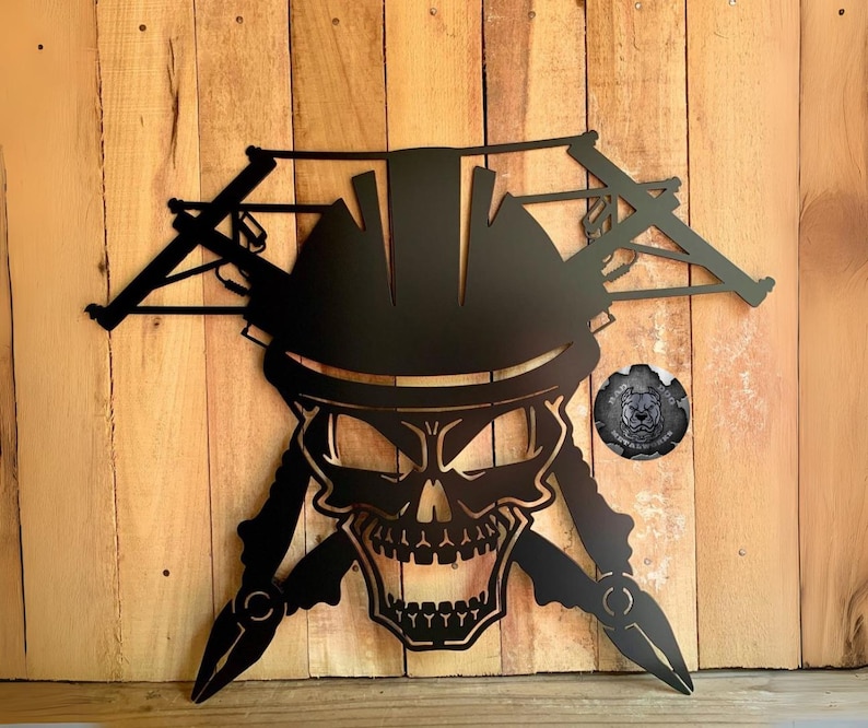 Lineman Skull Man Cave Decor - Bad Dog Metalworks Home Decor - Gifts for Him - Lineman Appreciation - Lineman Gifts - Lineman Wall Decor Black