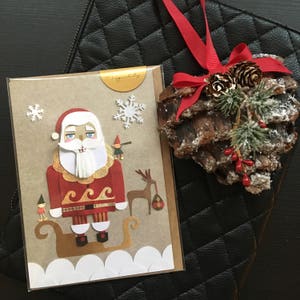 Sprankelende Kerstman, kleinzoon, kleindochter, hand afgewerkt, Kerstkaart, Kerstman onderweg, Kerstman,