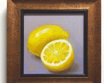 Brilliant Yellow Lemon Original Oil Painting: Expressive Food Art (5x5 inches)