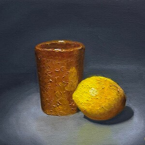 Lemon and rustic cup still life original oil painting food themed artwork for Kitchen photorealistic wall decor fine art gift