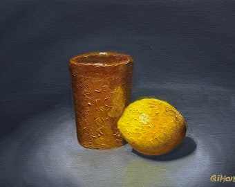 Lemon Still Life Oil Painting: Rustic Cup, Kitchen Wall Art (9x12)