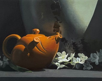 Mole Pot Still Life: Vintage Floral Oil Painting (9x12 in)