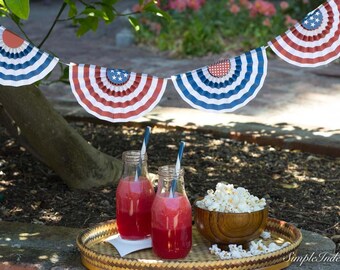 Patriotic paper fan bunting printable, Independent day decor, 4th of july decor, printable bunting, scrapbooking paper, paper fan