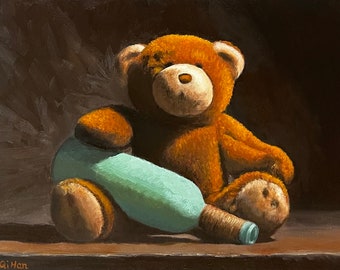 Teddy Bear Oil Painting: Nursery Fine Art, Toy Artwork (9x12 inches)