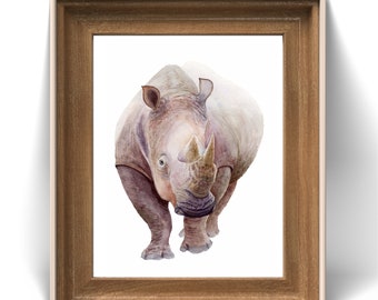 Rhino Watercolor Art Print - Naturalistic Wildlife Decor, Children's Room Decor, made to order, 8x10, 11x14