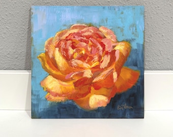 Brilliant Orange rose Original Oil Painting: Expressive floral Art (6x6 inches)