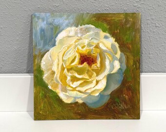 Brilliant white rose Original Oil Painting: Expressive floral Art (6x6 inches)