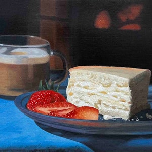 Cheesecake strawberry coffee still life original oil painting food themed artwork for Kitchen  wall decor photorealistic fine art gift