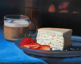 Cheesecake & Coffee Still Life: Original Oil Painting, Kitchen Art (9x12)