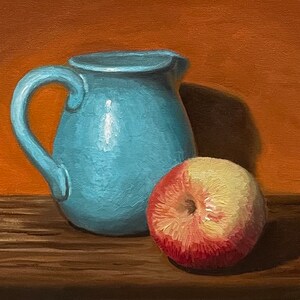 Apple still life original oil painting food themed artwork for Kitchen photorealistic wall decor fine art gift