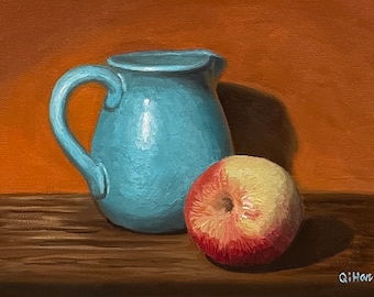 Original Apple Oil Painting: Still Life Kitchen Fine Art (9x12)